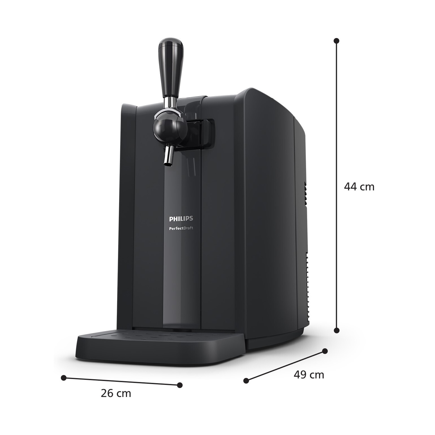 Un spillatore di birra Philips PerfectDraft nero con dimensioni 44x49x26 cm.