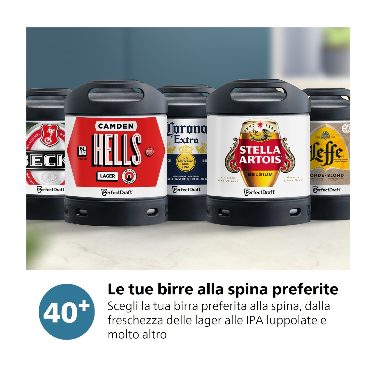 Molti fusti di birra di varie marche, tra cui Beck's, Camden Hells, Corona, Stella Artois e Leffe.
