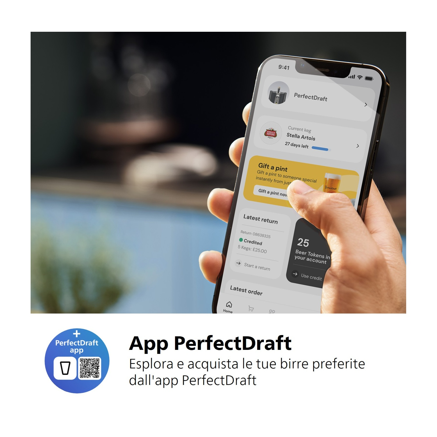 Una mano tiene un telefono che mostra l'app PerfectDraft con fusto Stella Artois e offerte.