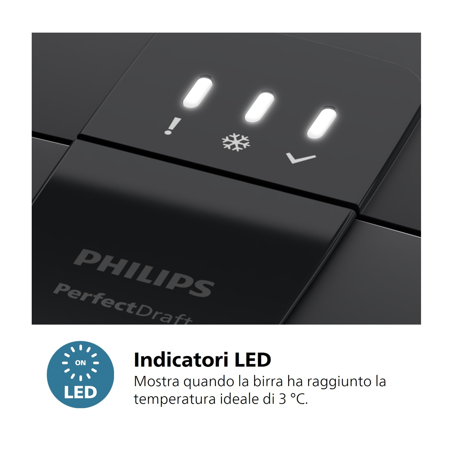 Pannello comandi nero con tre LED illuminati e simboli.