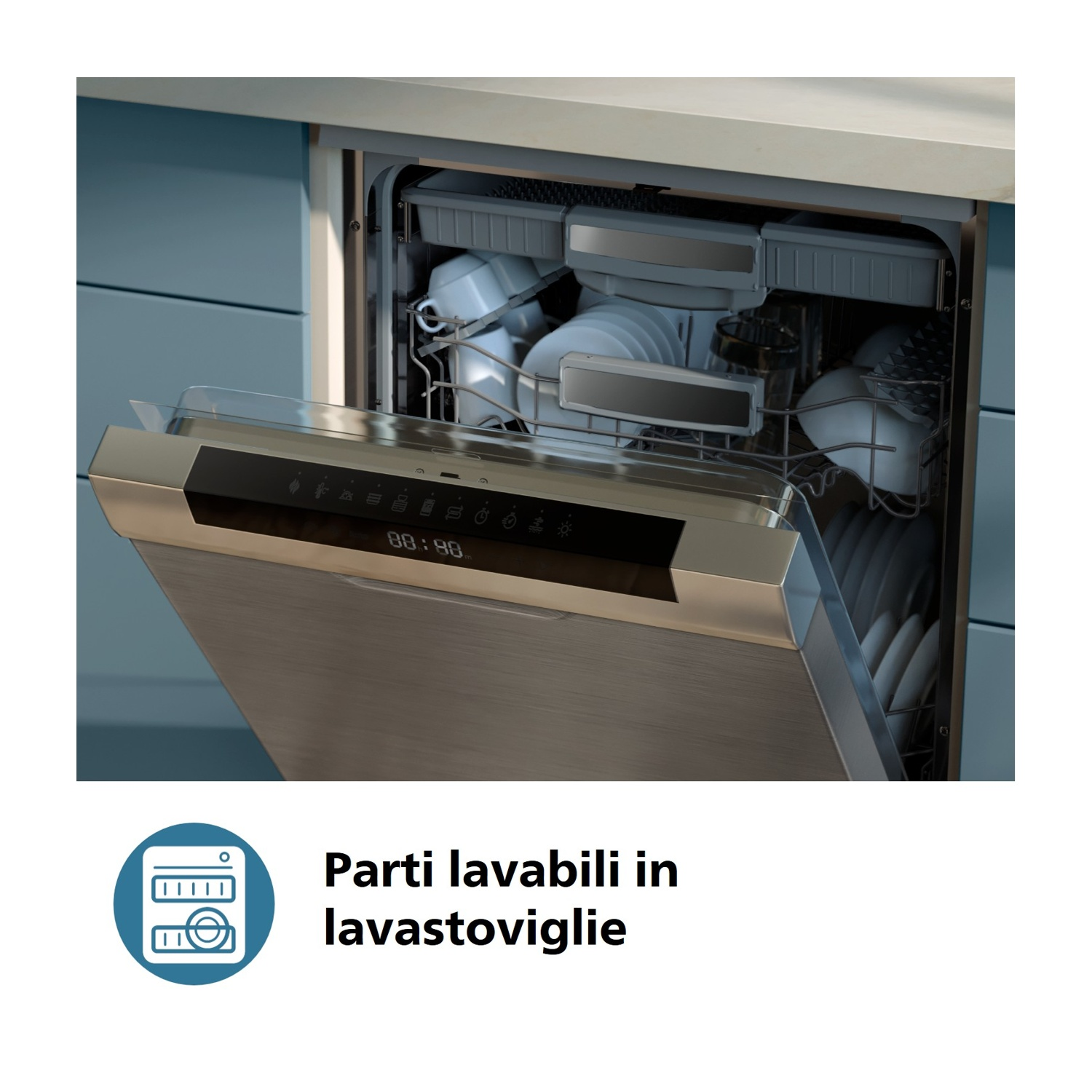 Una lavastoviglie aperta piena di piatti e posate sporchi.