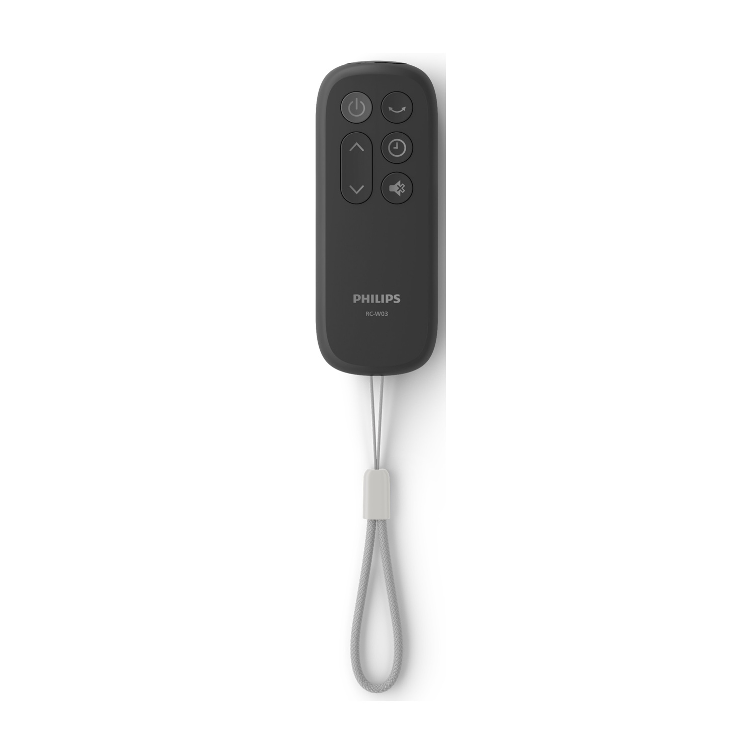 Telecomando Philips nero con cordino e pulsanti per accensione, volume e timer.