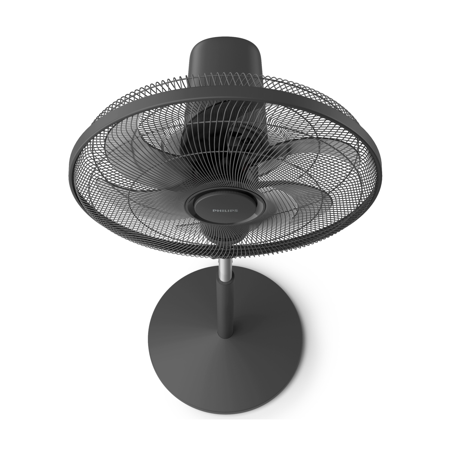 Un ventilatore da terra scuro con base rotonda e griglia metallica.