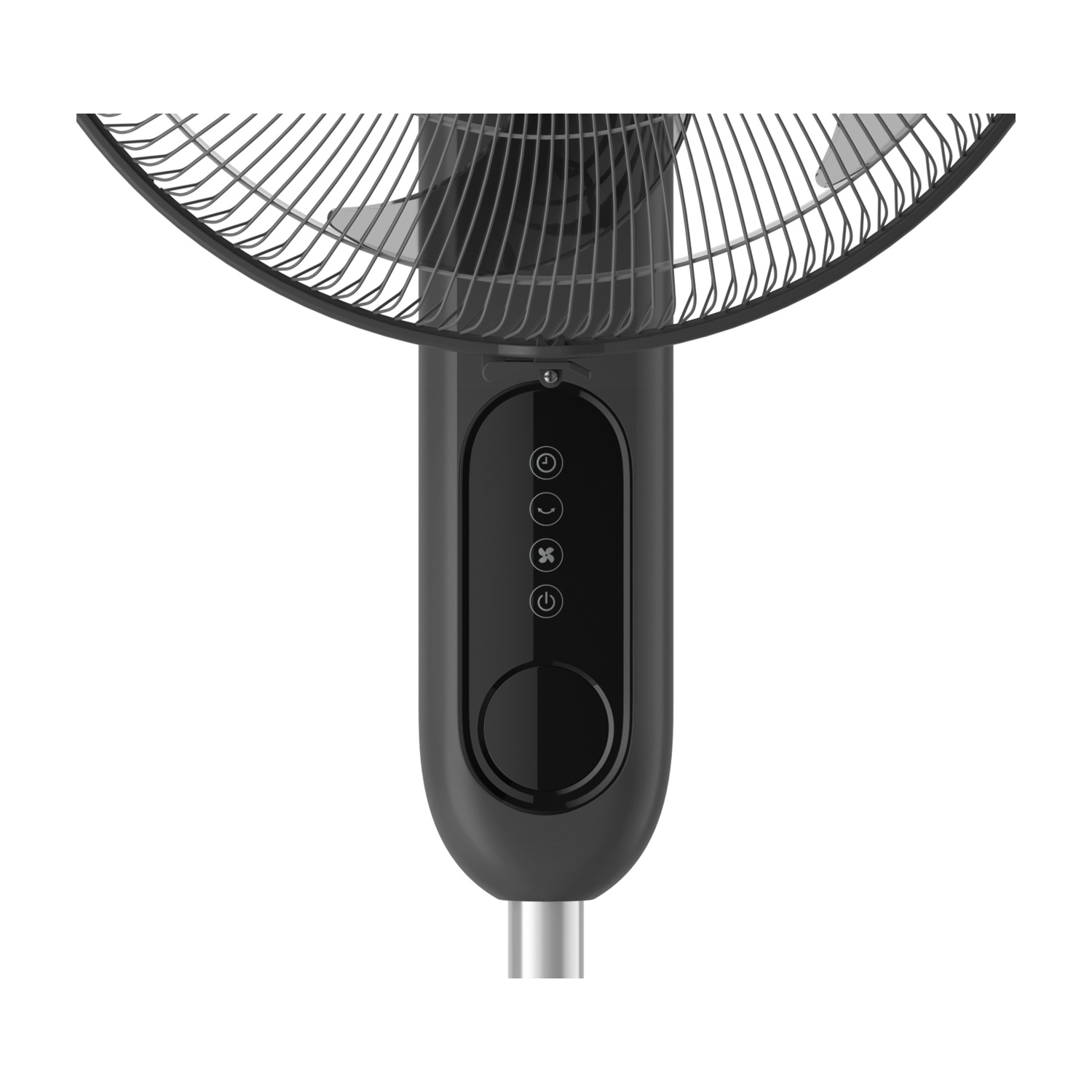 Ventilatore nero con pannello di controllo e supporto argentato su sfondo bianco.