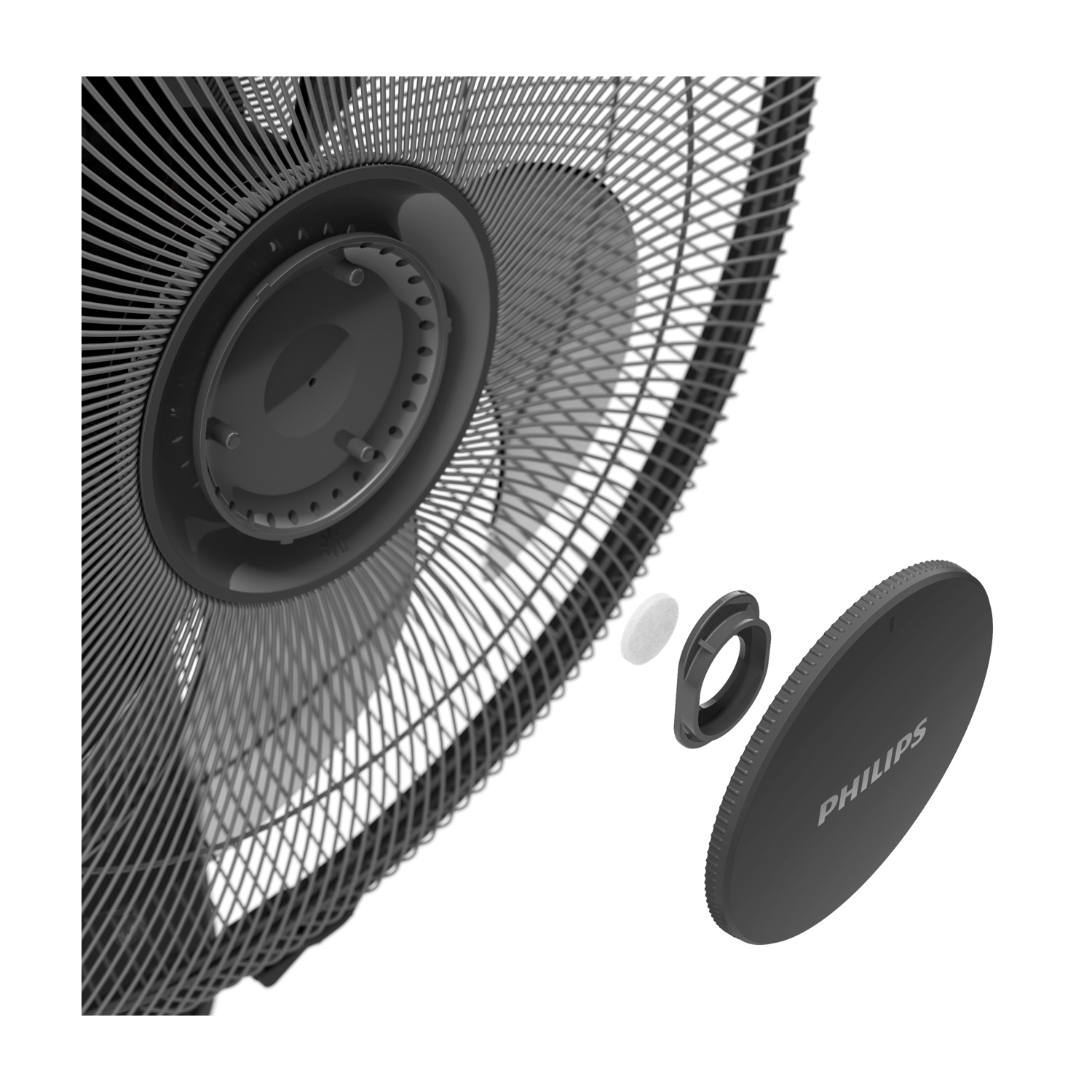 Primo piano di una griglia del ventilatore con coperchio e filtri staccati.