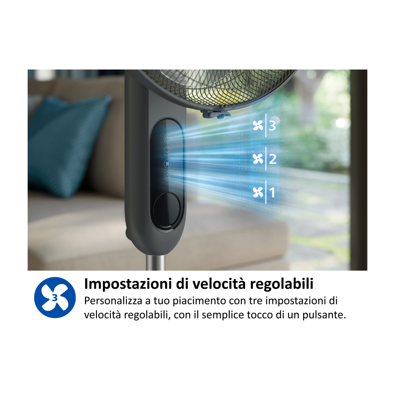 Ventilatore con velocità regolabili, indicato da flussi d'aria blu.