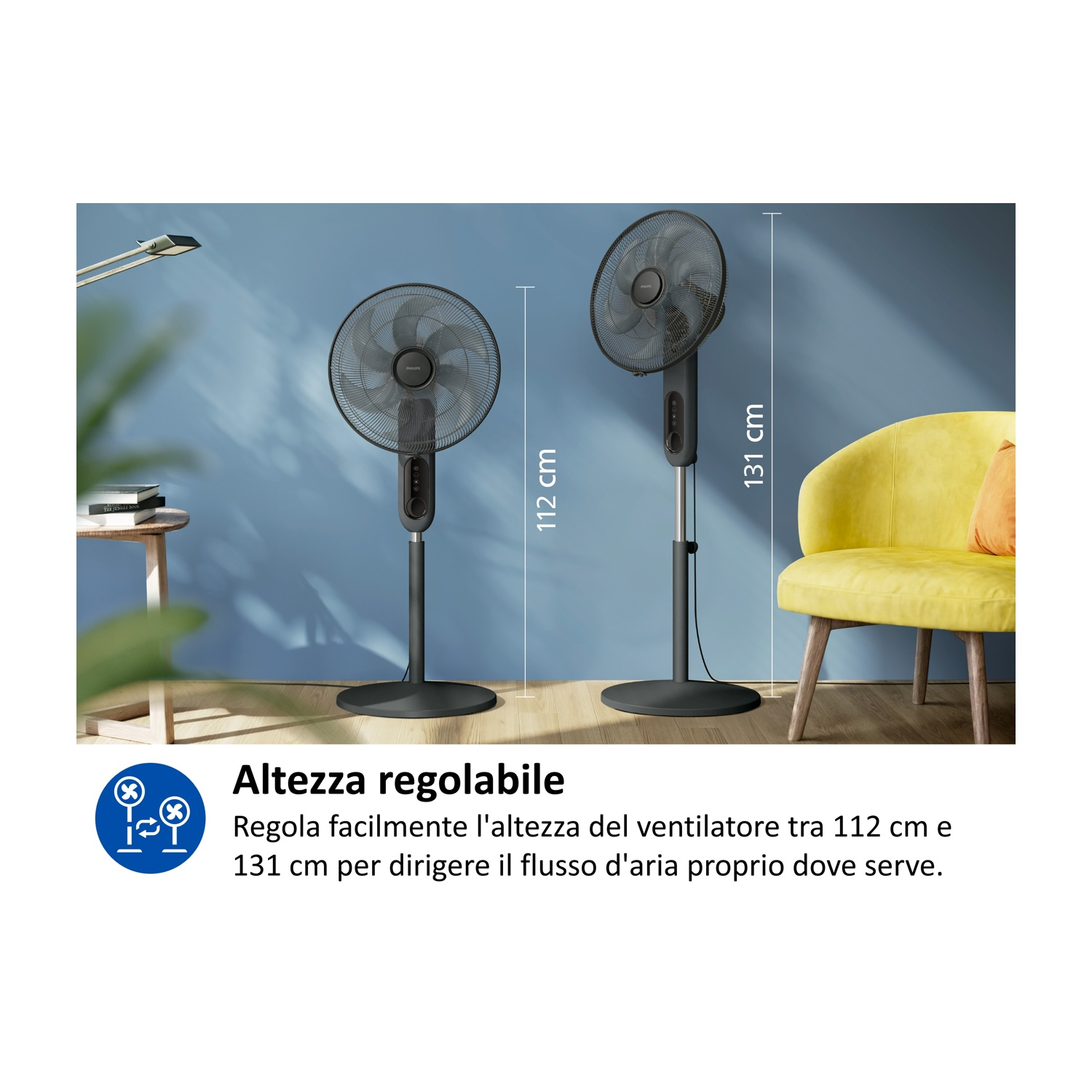 Due ventilatori da terra neri mostrati a diverse altezze (112 cm e 131 cm) su pavimento in legno.