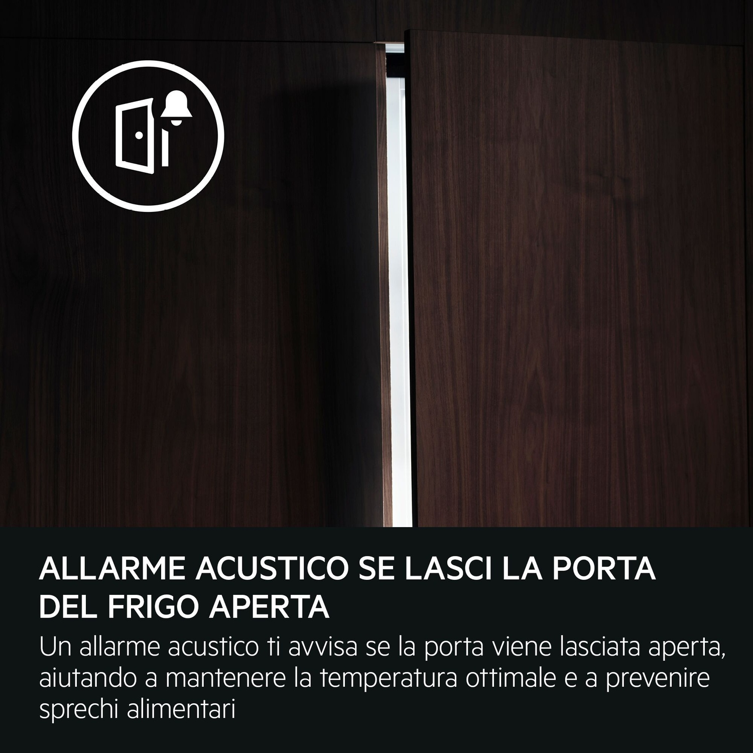 Icona porta aperta con campana. Sfondo legno scuro.