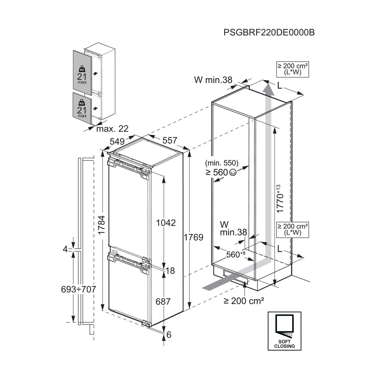 Disegno tecnico di un frigorifero con dimensioni e note di installazione.