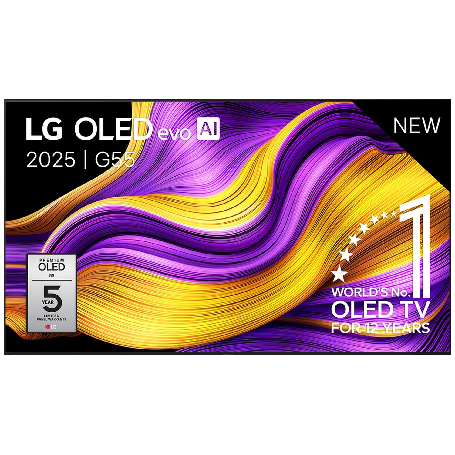 LG OLED evo AI TV met kleurrijk patroon, 5 jaar garantie.