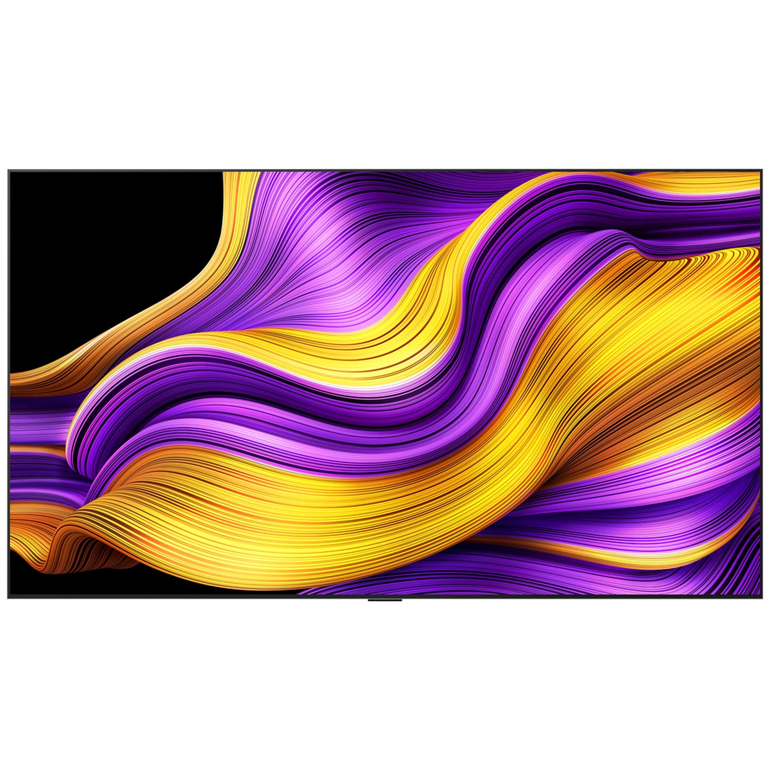 Abstracte golf van paarse en gele strepen op zwarte achtergrond.