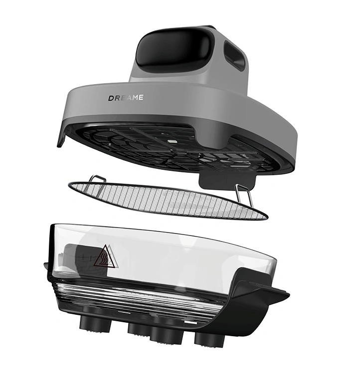 Rozłożona szara frytkownica beztłuszczowa z przezroczystym koszem i rusztem.