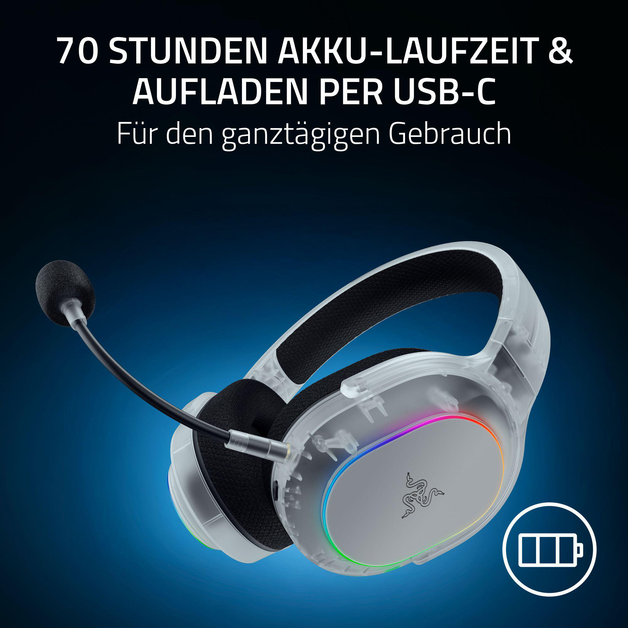 Ein durchsichtiges Headset mit Mikrofon, Razer-Logo und RGB-Beleuchtung.