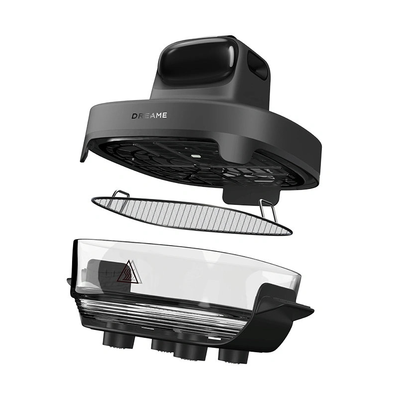 Trzy części urządzenia kuchennego: górna jednostka z wentylatorem, ruszt i przezroczysta miska.