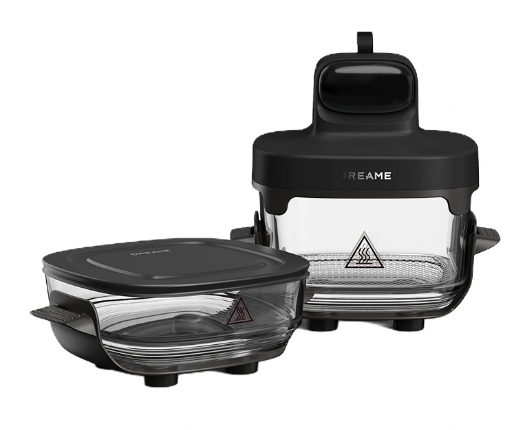 Dwa czarne urządzenia kuchenne ze szklanymi pojemnikami i symbolem ciepła.