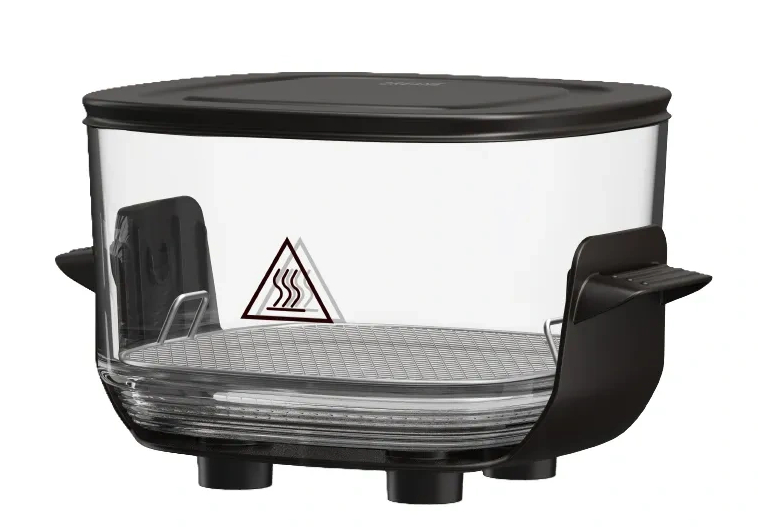 Szklany pojemnik z czarną pokrywką i uchwytami, wewnątrz kratka.