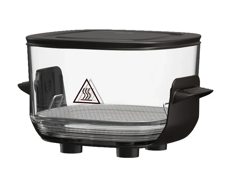 Szklana misa z czarną pokrywką, symbolem ciepła i srebrnym rusztem.