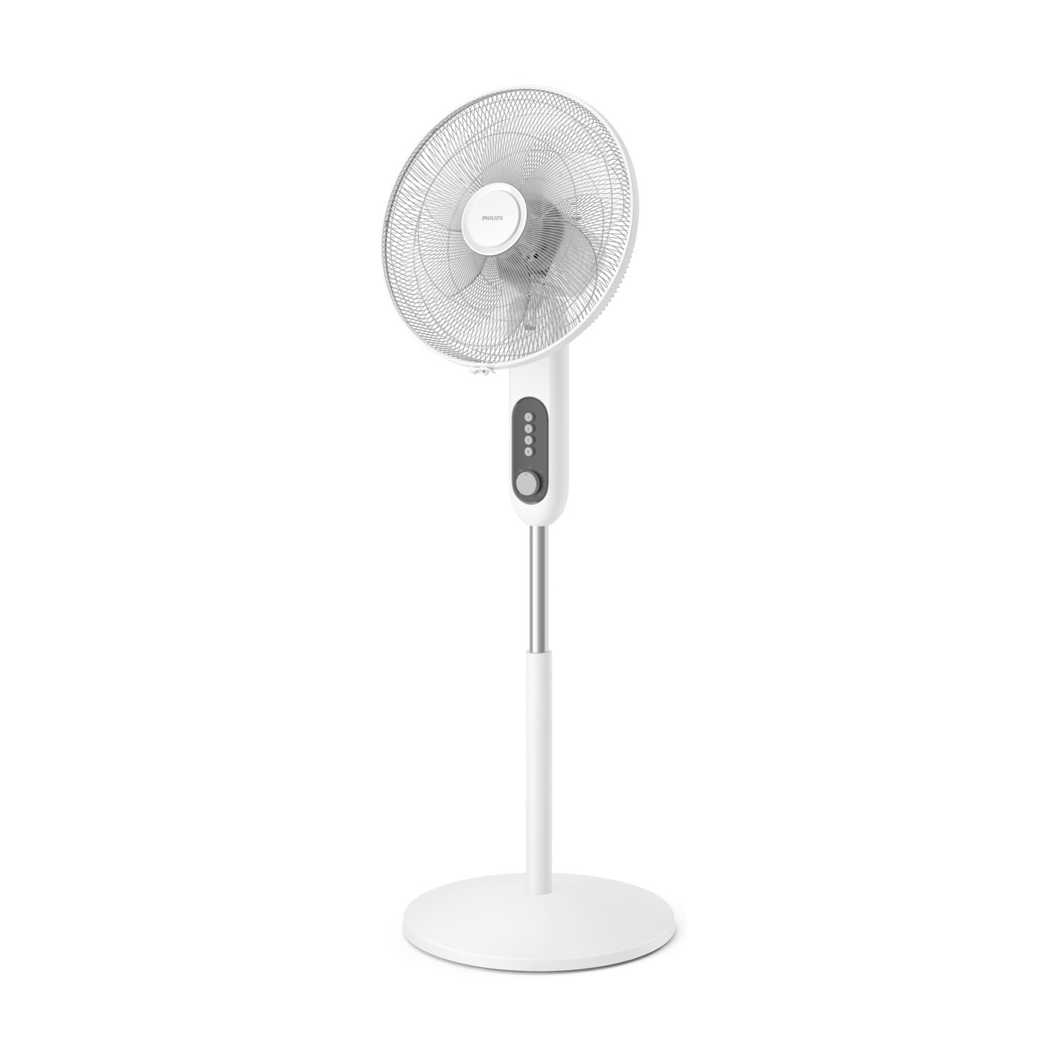 Un ventilatore da terra bianco con base rotonda e stelo sottile.