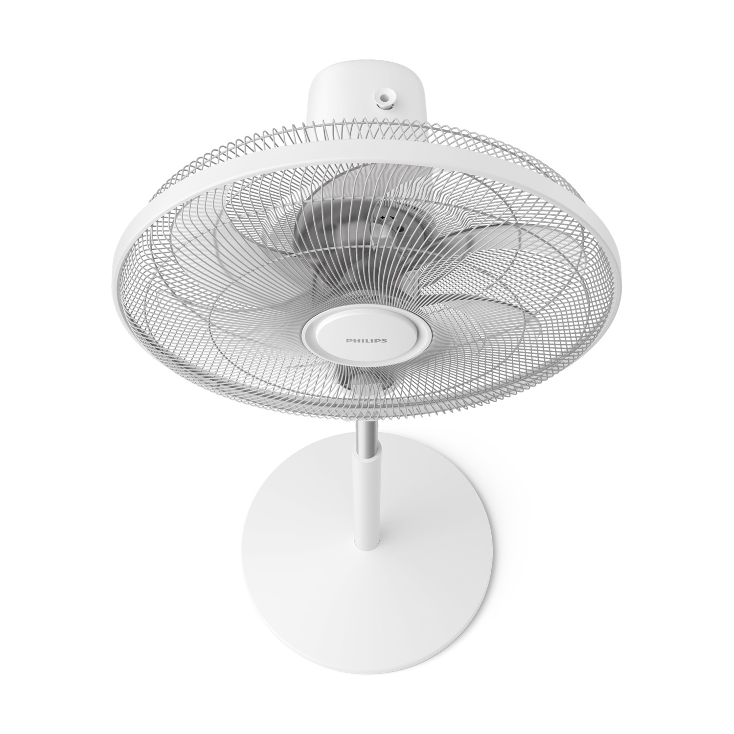 Un ventilatore da terra bianco con griglia metallica e logo Philips.