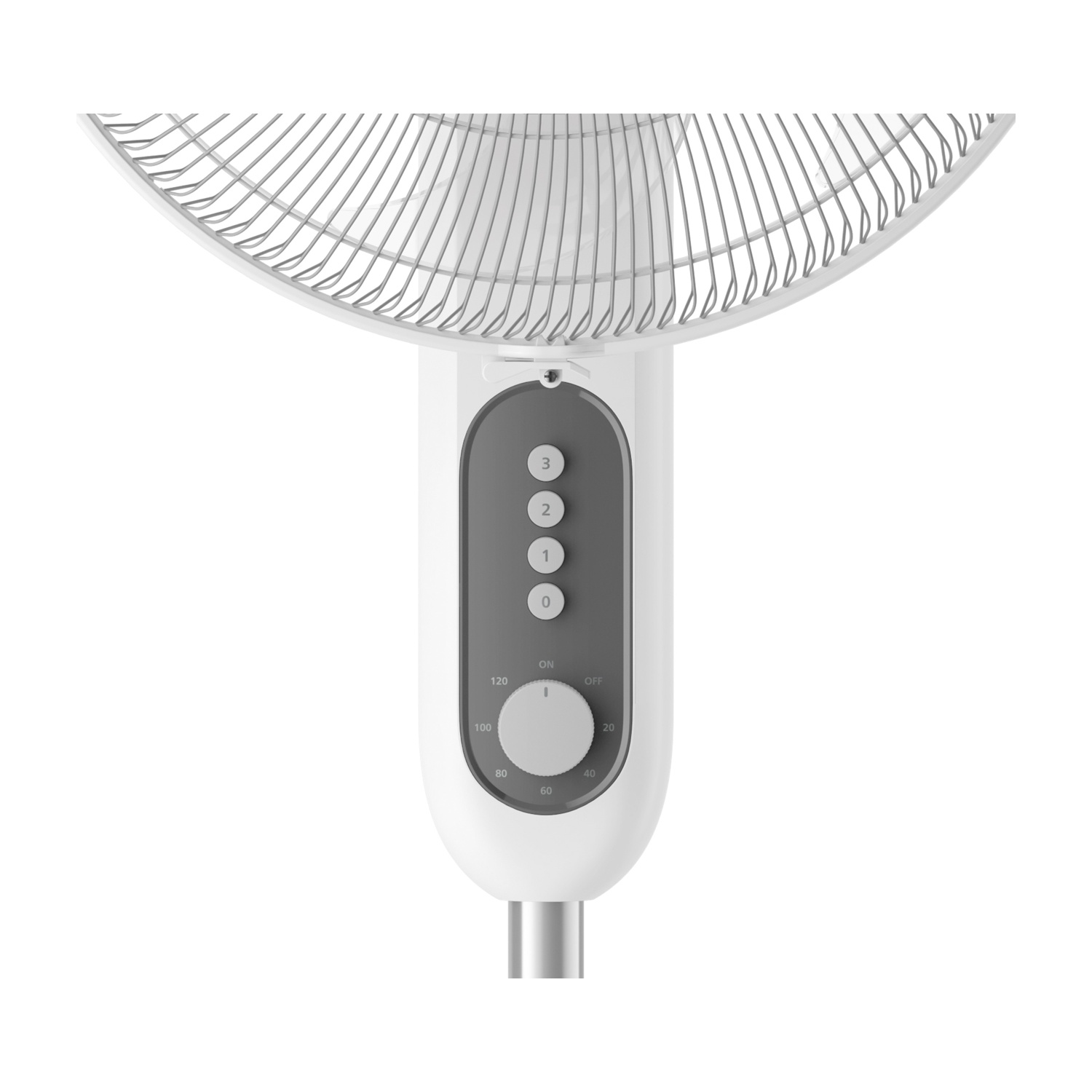 Primo piano di un ventilatore da terra bianco con pale argentate e pannello di controllo.