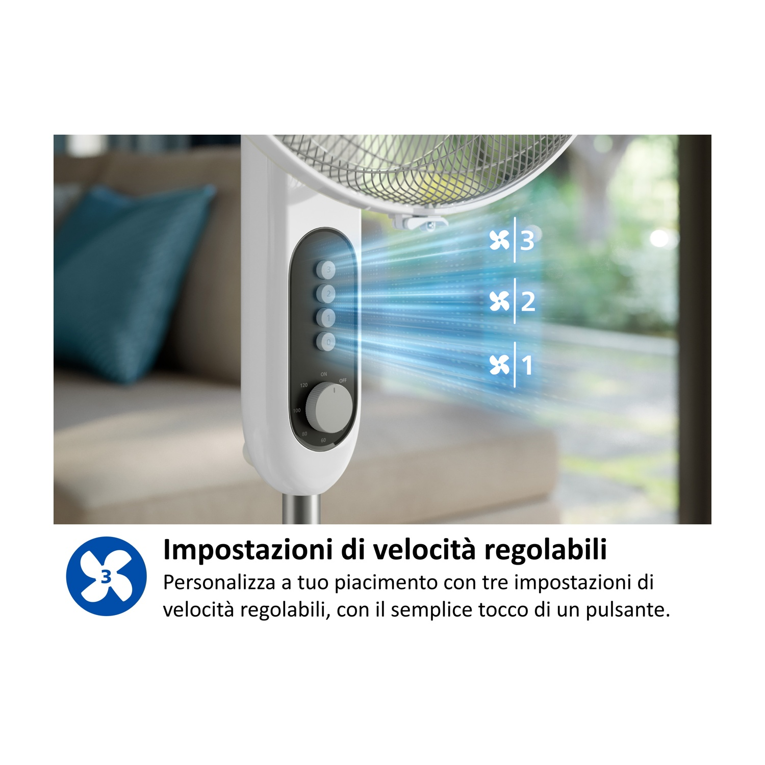 Un ventilatore bianco mostra tre impostazioni di velocità con flussi d'aria blu.
