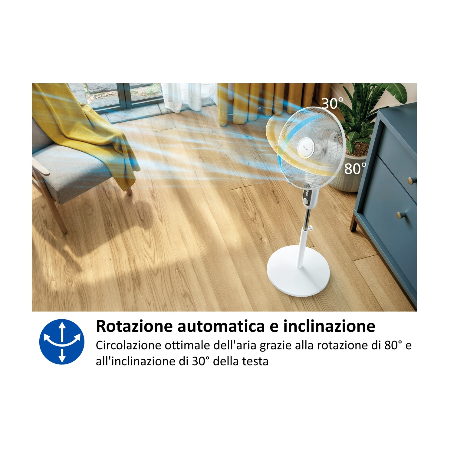 Un ventilatore bianco oscilla a 80° e si inclina a 30° per la circolazione dell'aria.