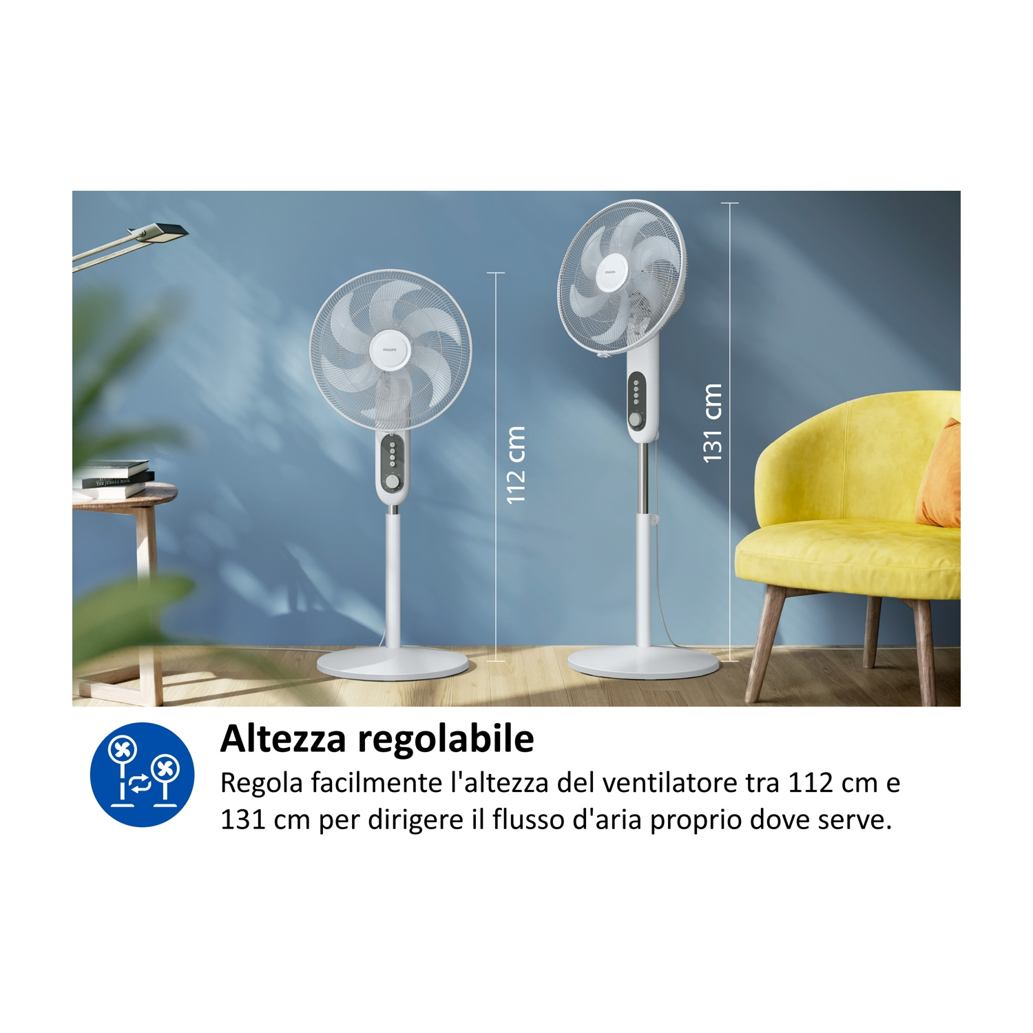 Due ventilatori da terra bianchi, uno alto 112 cm, l'altro 131 cm.