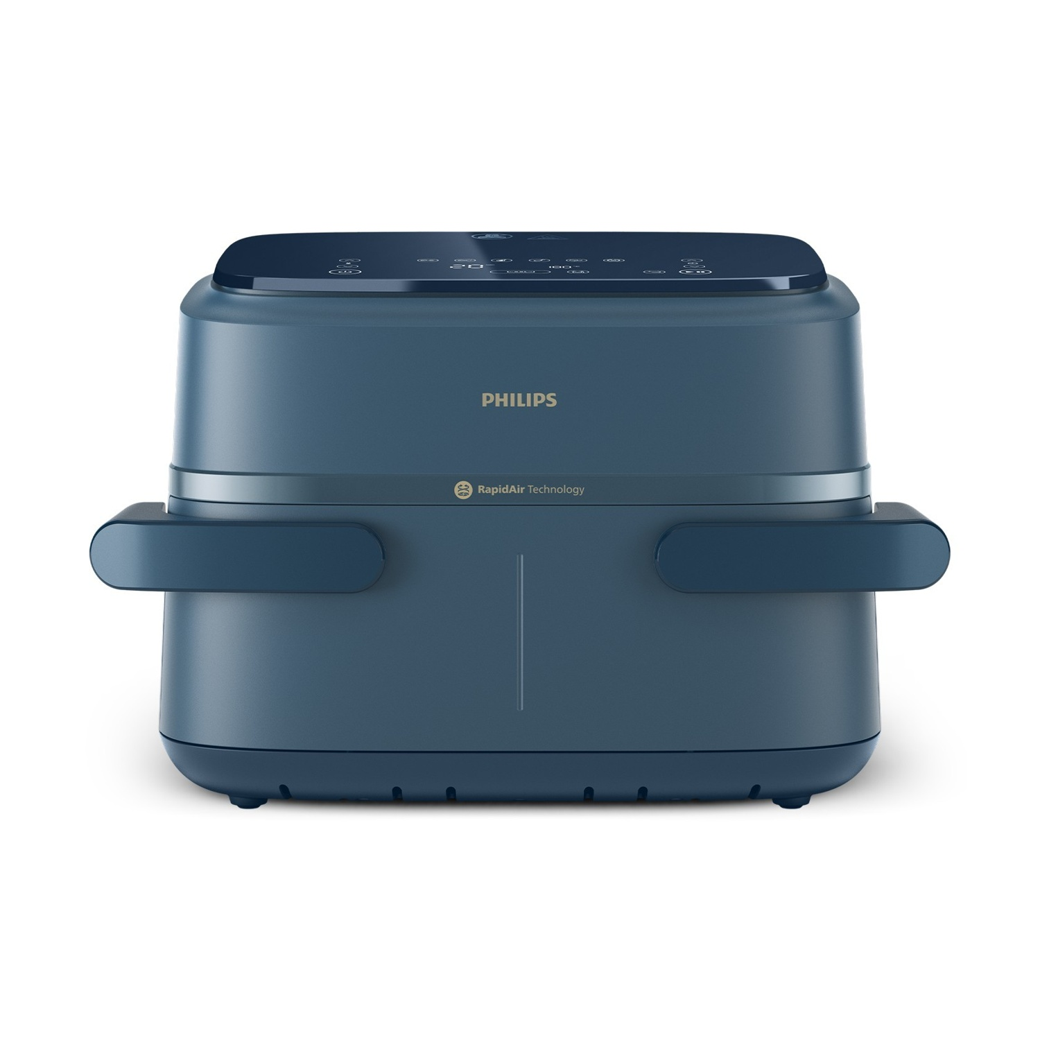 Friggitrice ad aria Philips blu scuro con controlli digitali e manici.