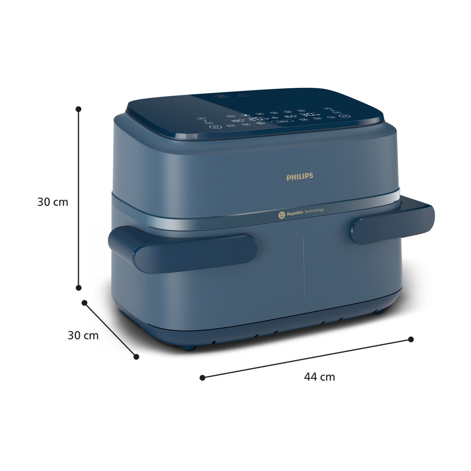 Friggitrice Philips blu con controlli digitali e dimensioni indicate.