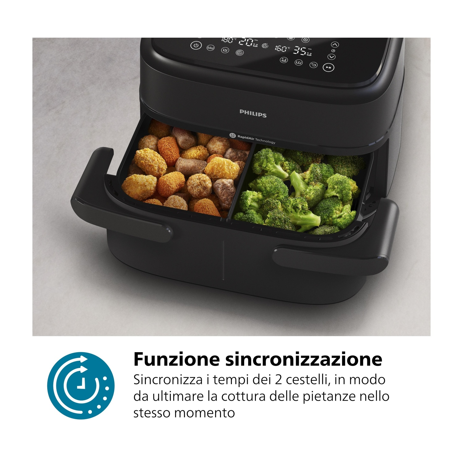Friggitrice ad aria Philips nera con due cassetti, pieni di carne e broccoli.