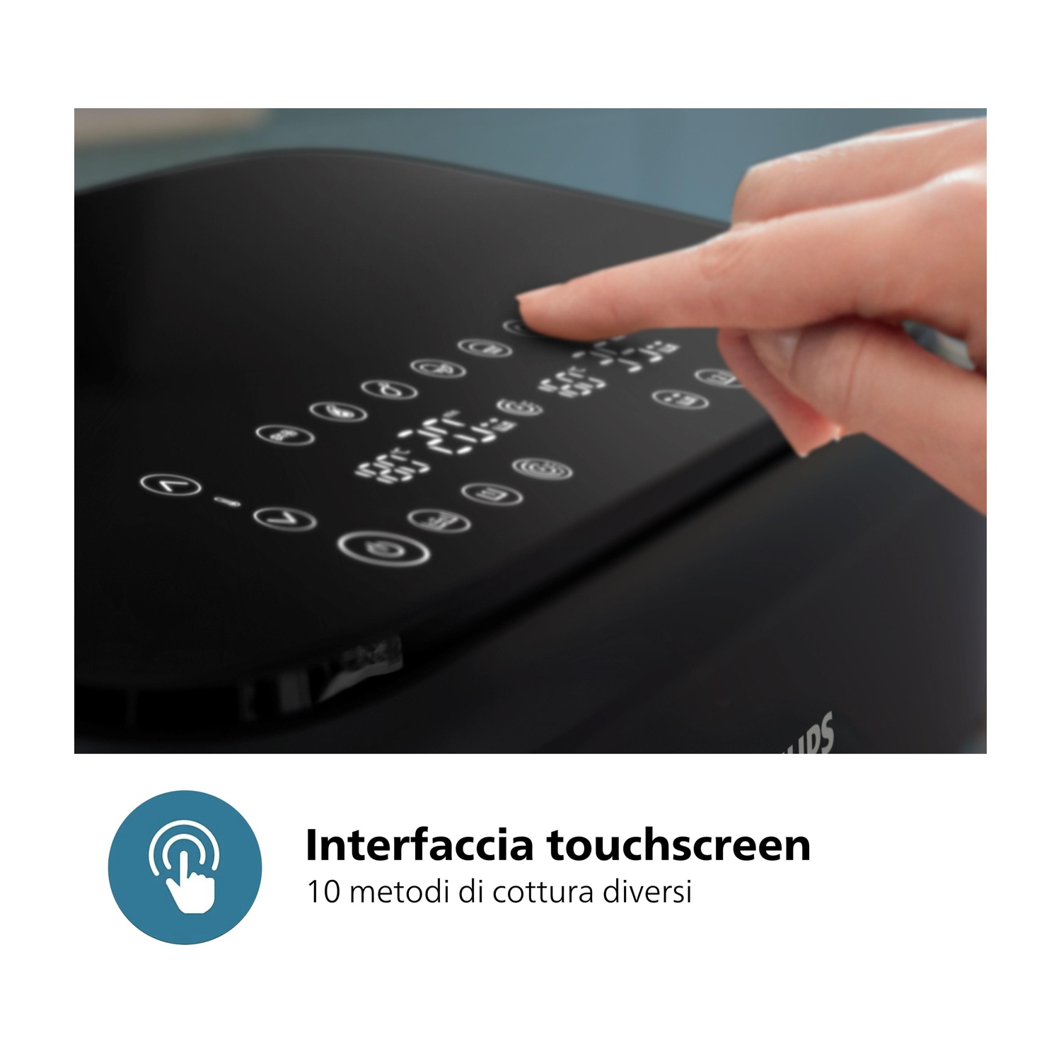 Un dito preme un pannello di controllo touch con icone e numeri.