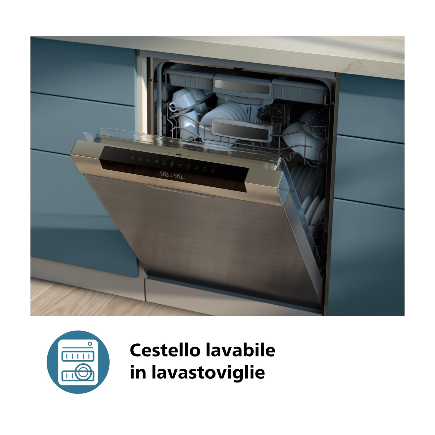 Una lavastoviglie aperta con mobili da cucina blu sullo sfondo.