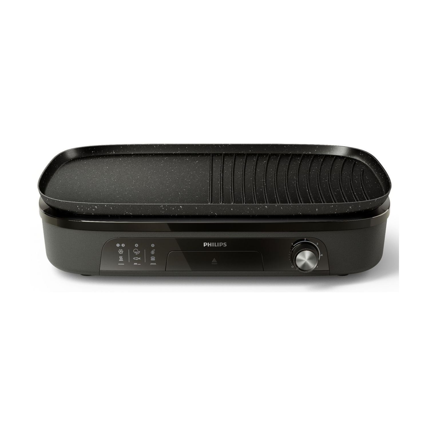 Una bistecchiera Philips nera con superficie liscia e rigata.