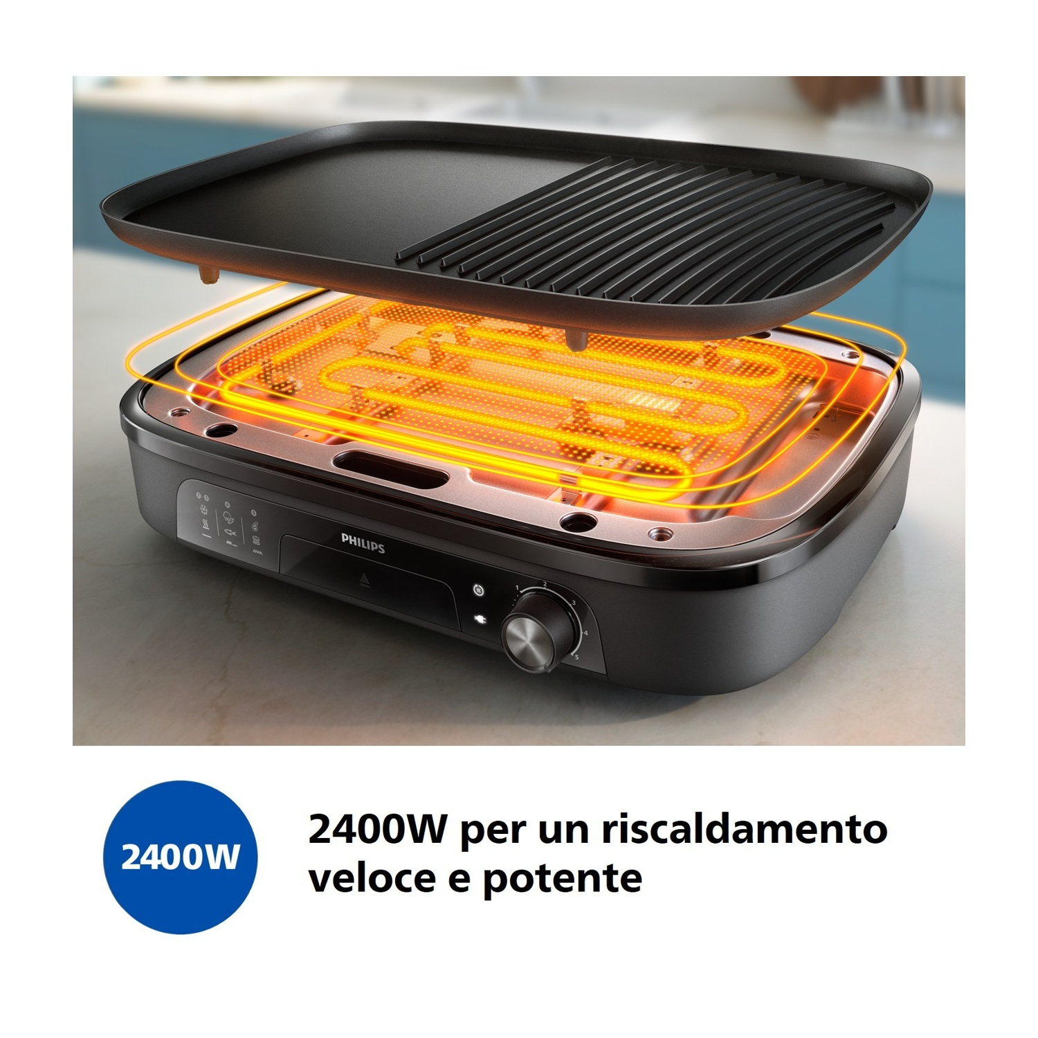 Una griglia Philips con elementi riscaldanti arancioni e griglia rimovibile.