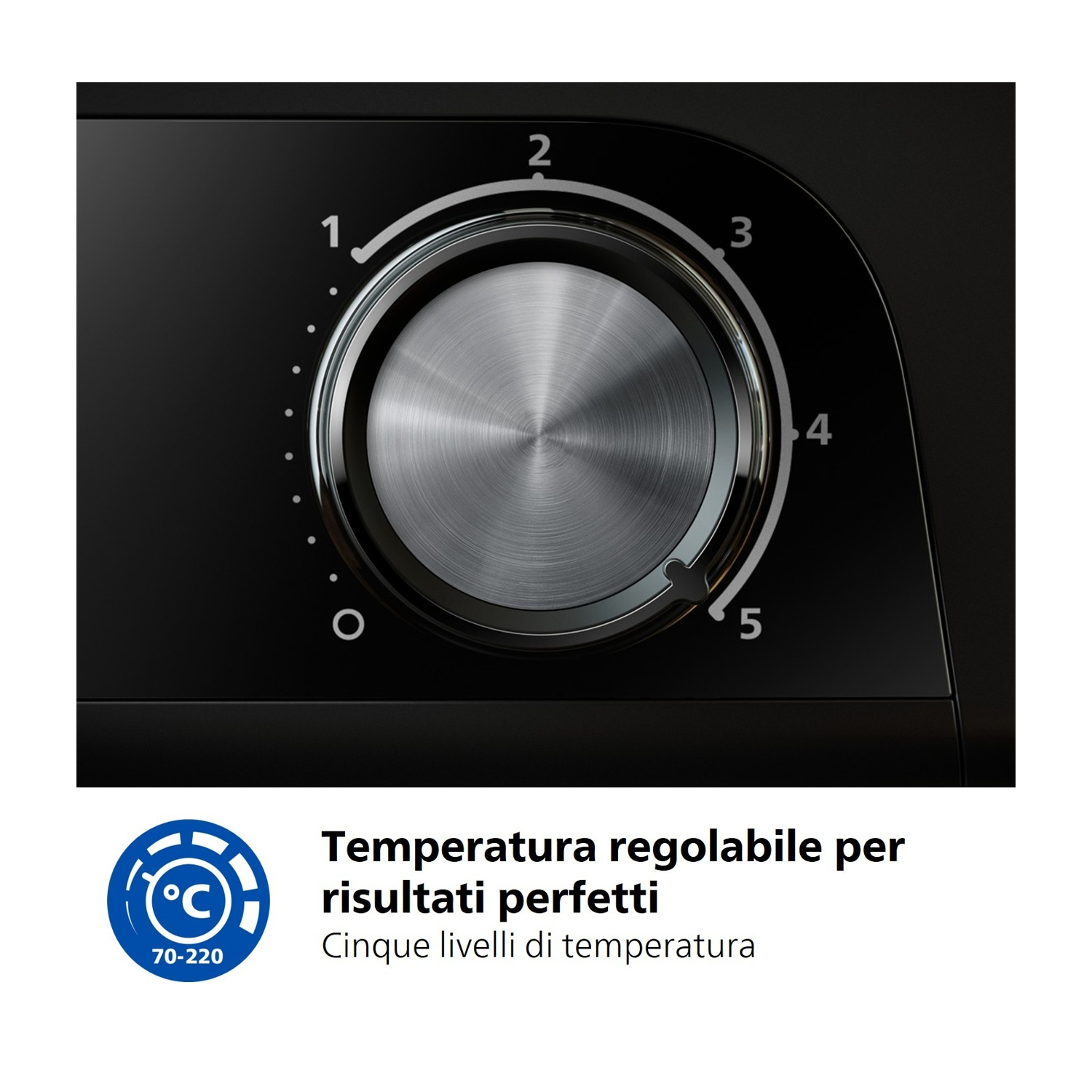 Una manopola nera con numeri da 1 a 5 per la regolazione della temperatura.