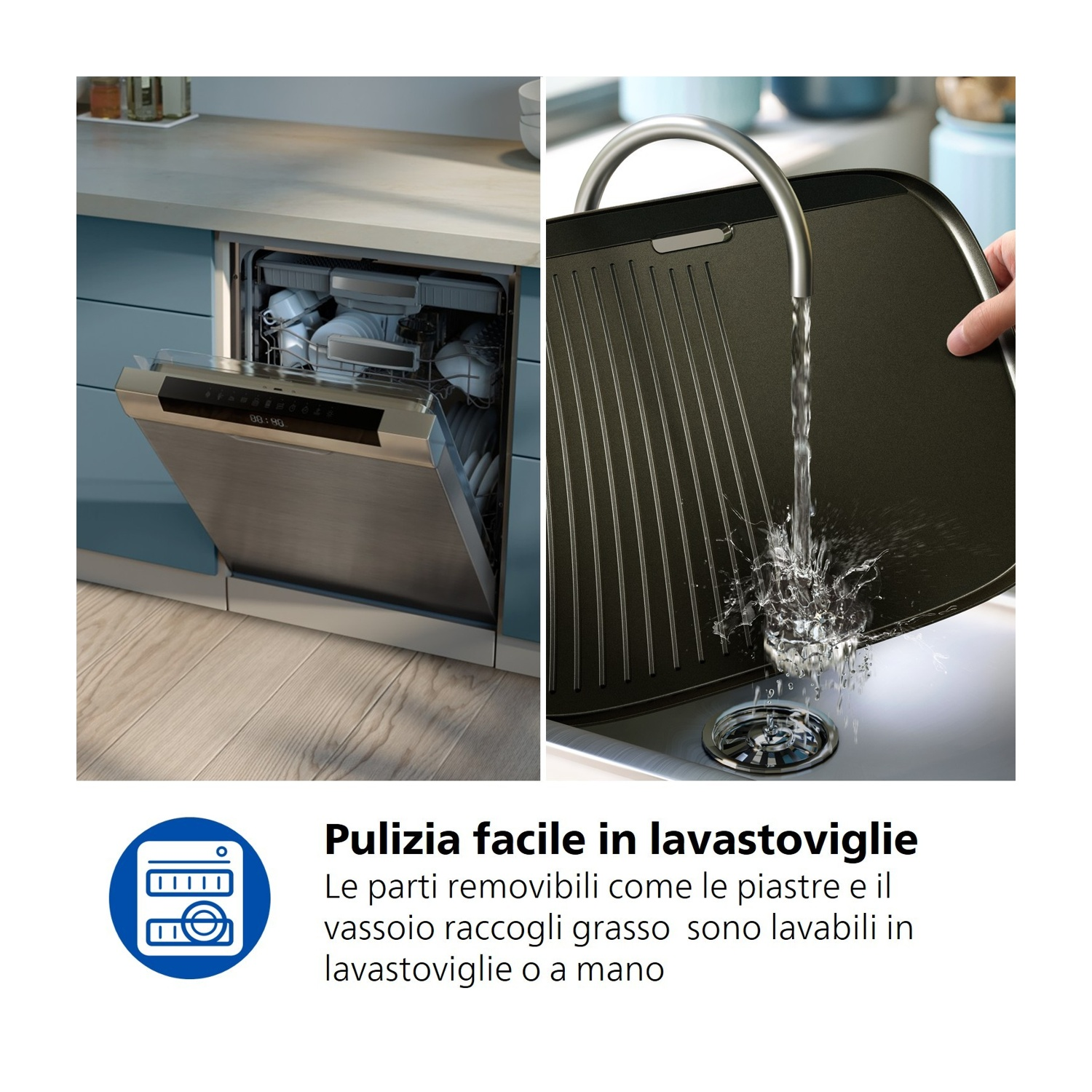 Lavastoviglie con porta aperta e piastra grill rimovibile sotto acqua corrente.