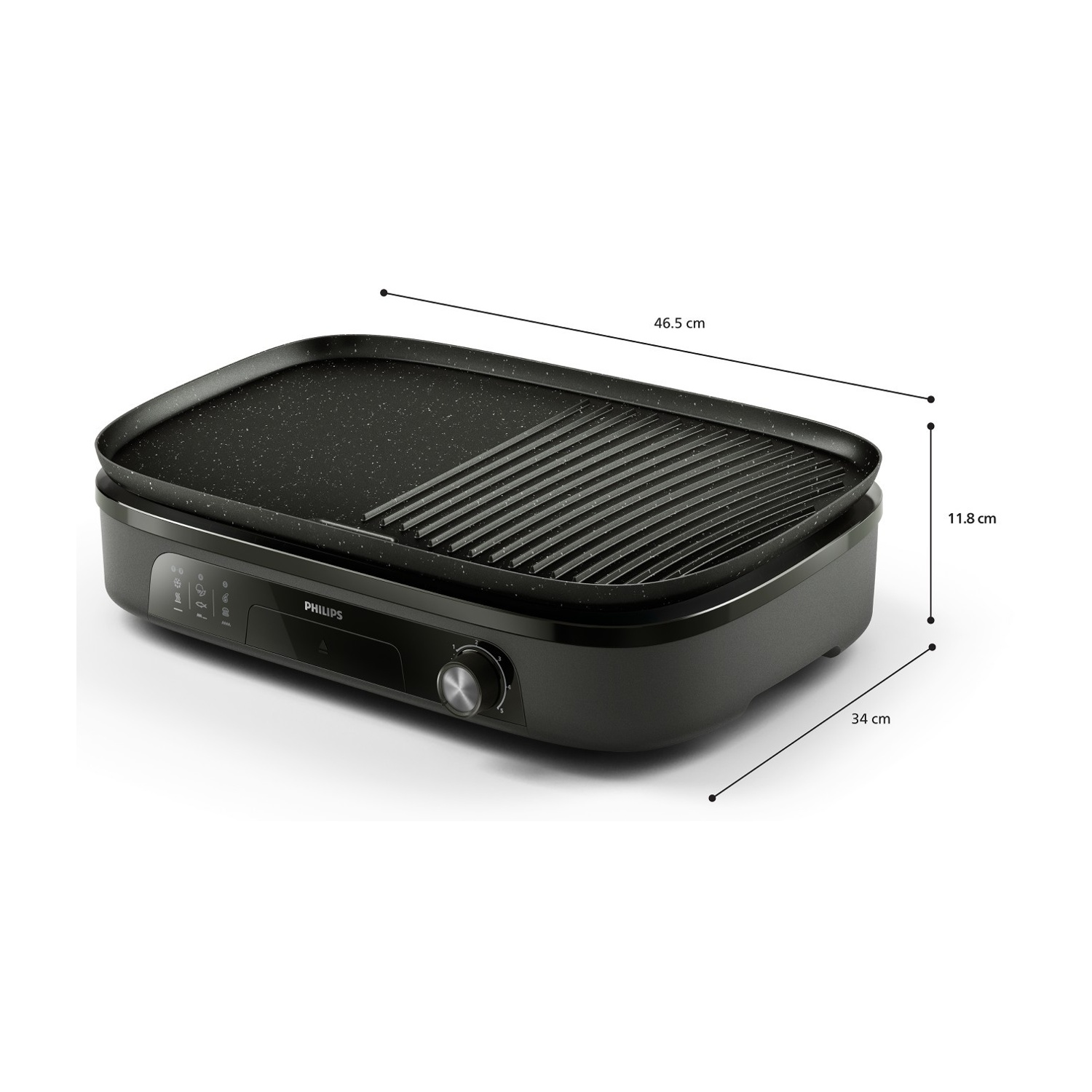 Grill da tavolo Philips nero con superfici grigliata e piana, dimensioni 46,5 x 34 x 11,8 cm.