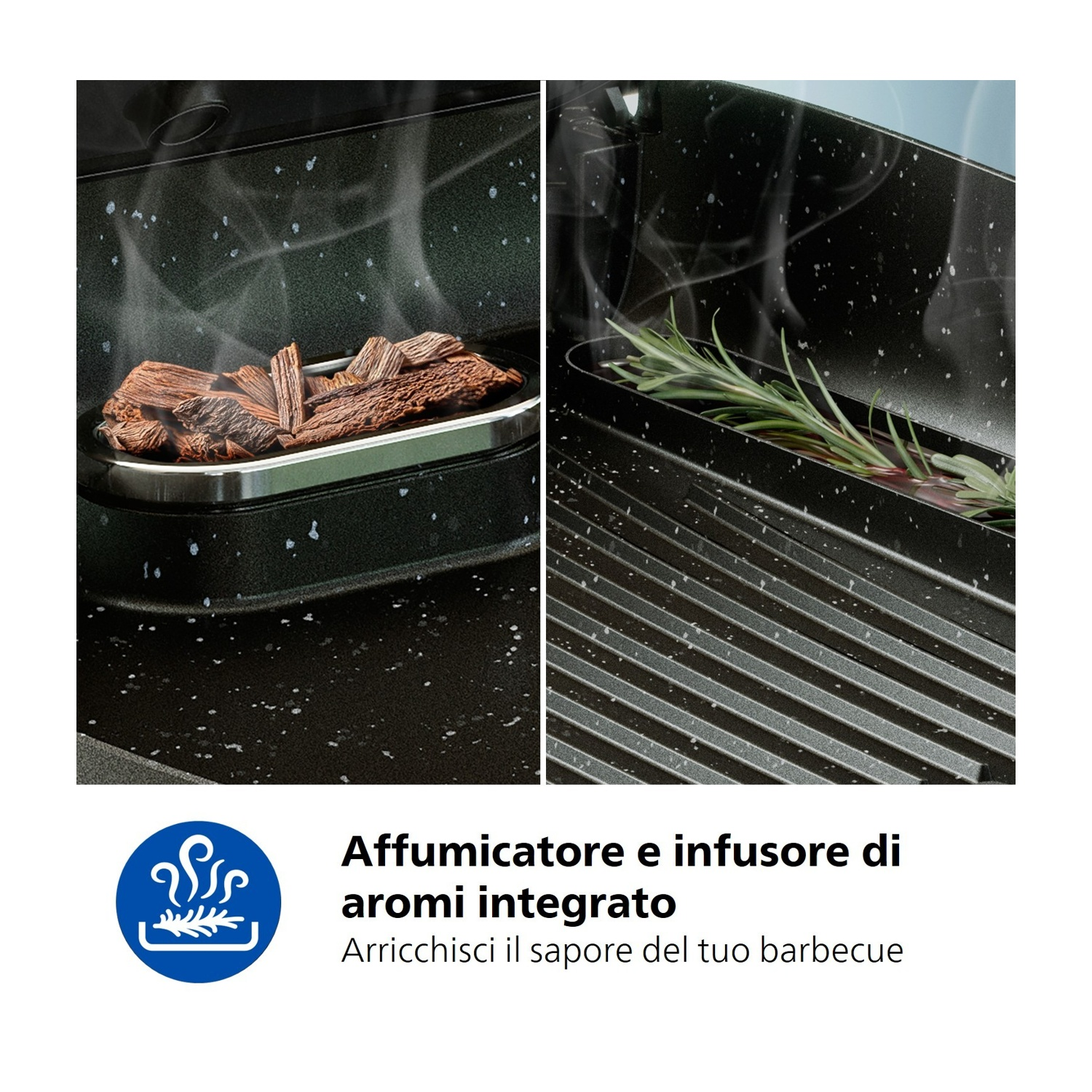 Legnetti e rosmarino in un accessorio per griglia affumicatore.