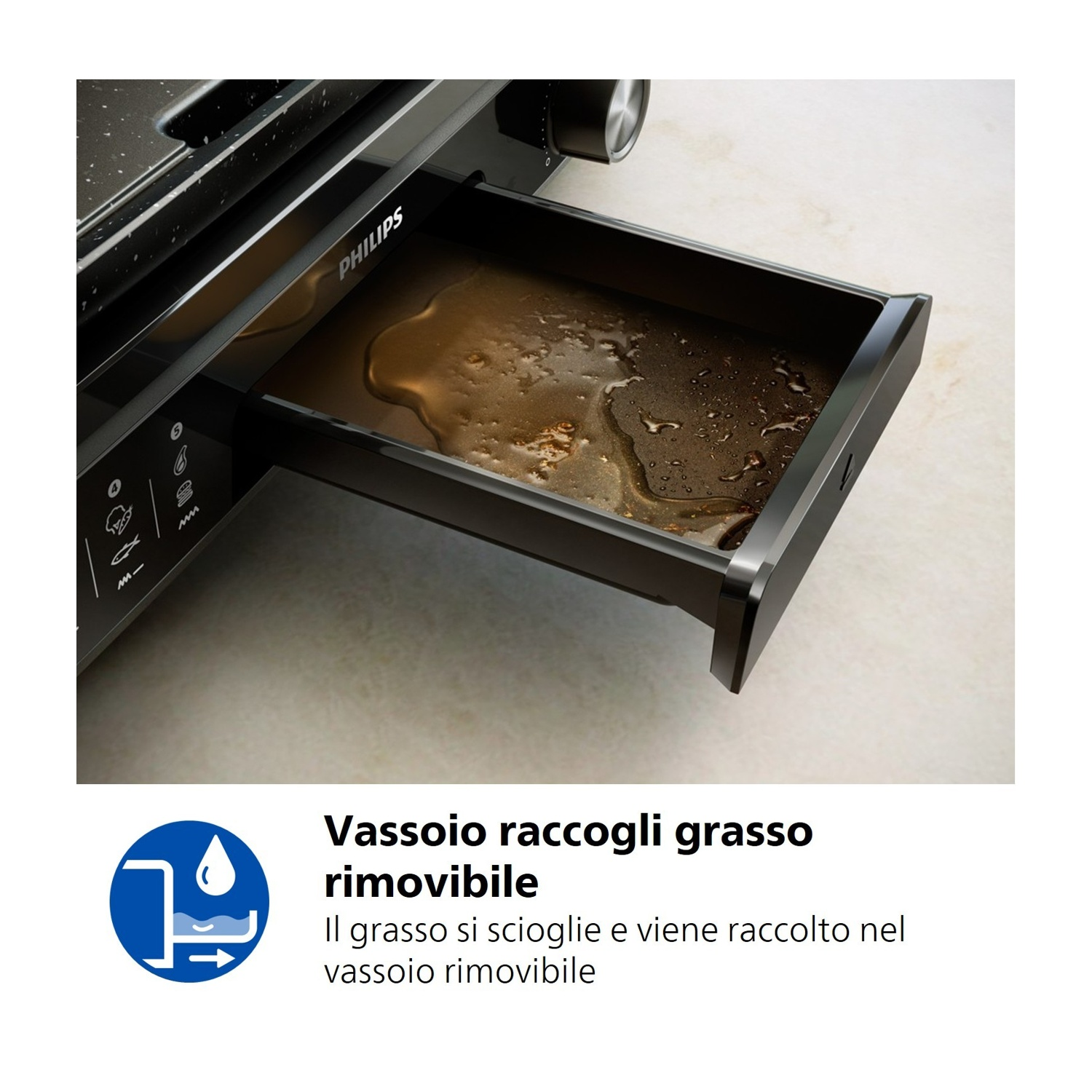 Una griglia Philips nera con vassoio raccogli grasso estratto, contenente liquido.
