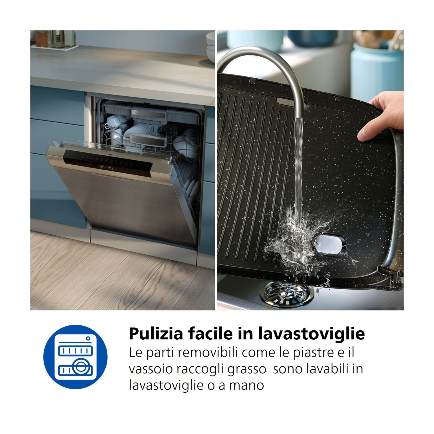 Una lavastoviglie aperta e una piastra grill sotto un rubinetto.