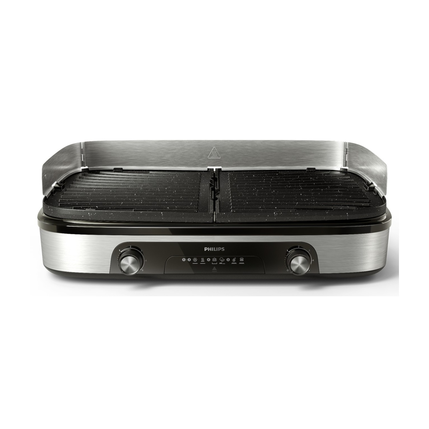 Una griglia Philips argento e nero con due piastre e manopole di controllo.
