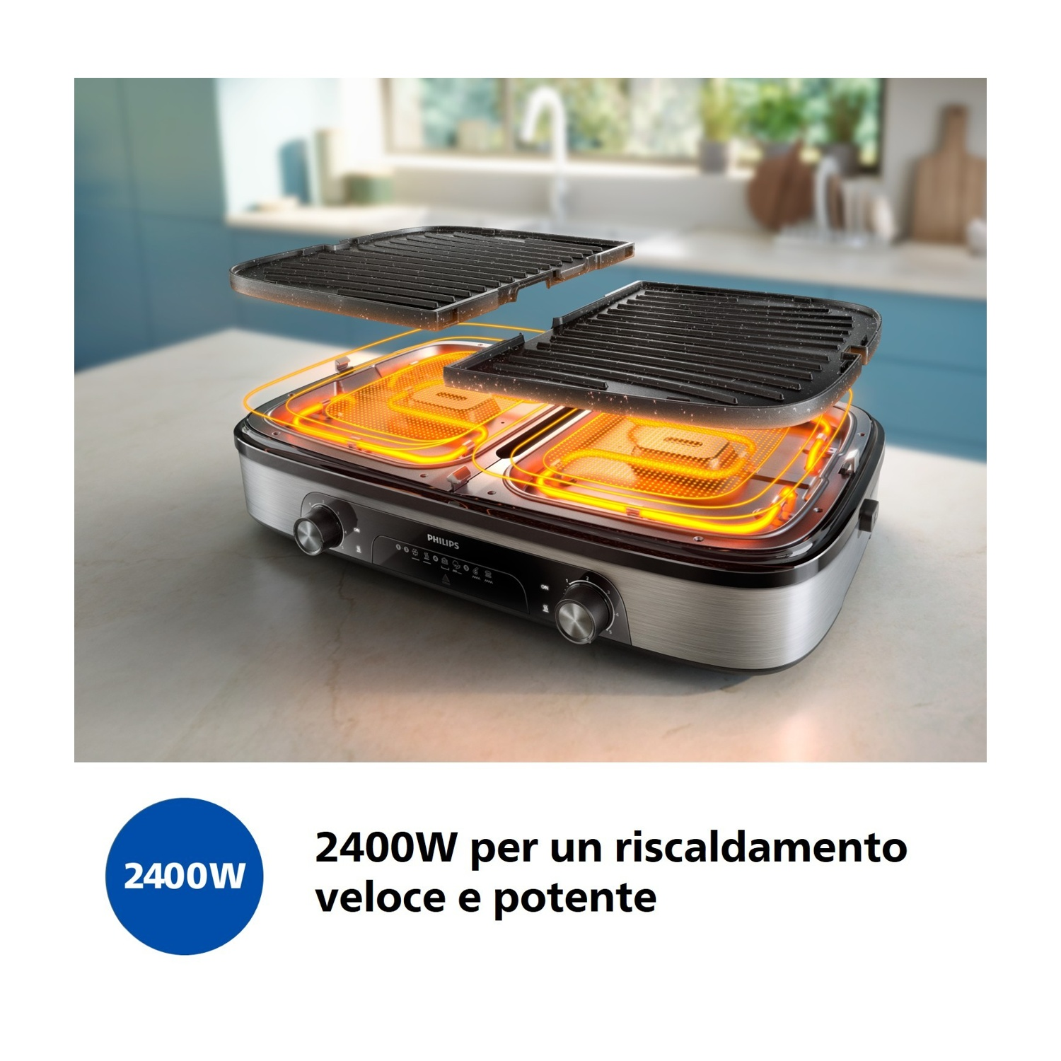 Una griglia elettrica con due resistenze e piastre rimovibili.