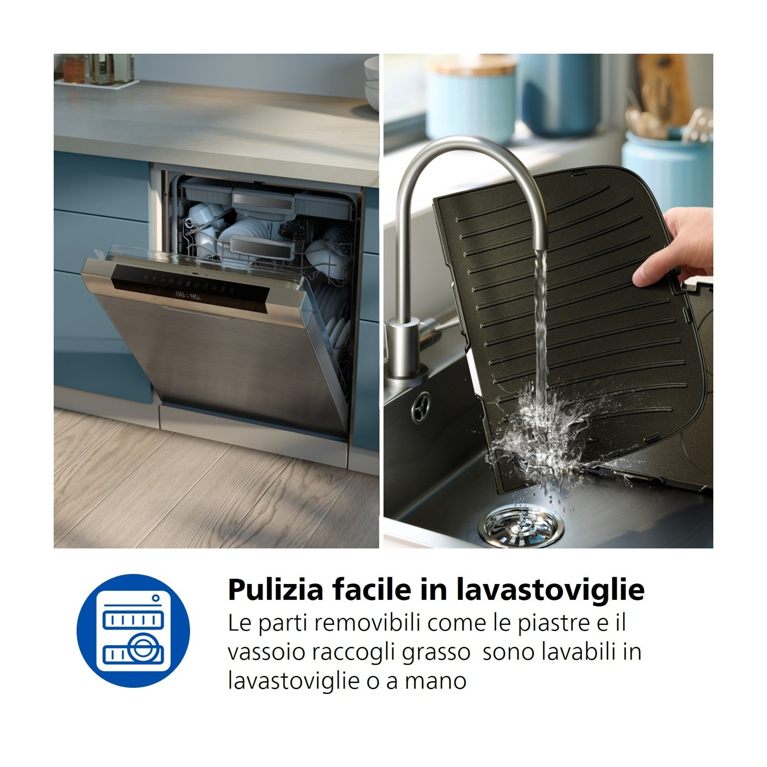 Una lavastoviglie aperta accanto a una piastra grill sciacquata sotto un rubinetto.