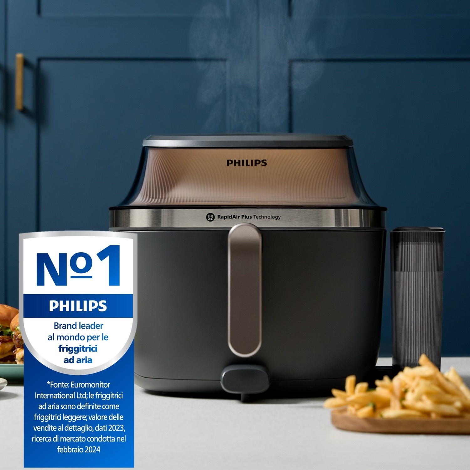 Philips friggitrice ad aria con sigillo N.1, patatine e burger in primo piano.
