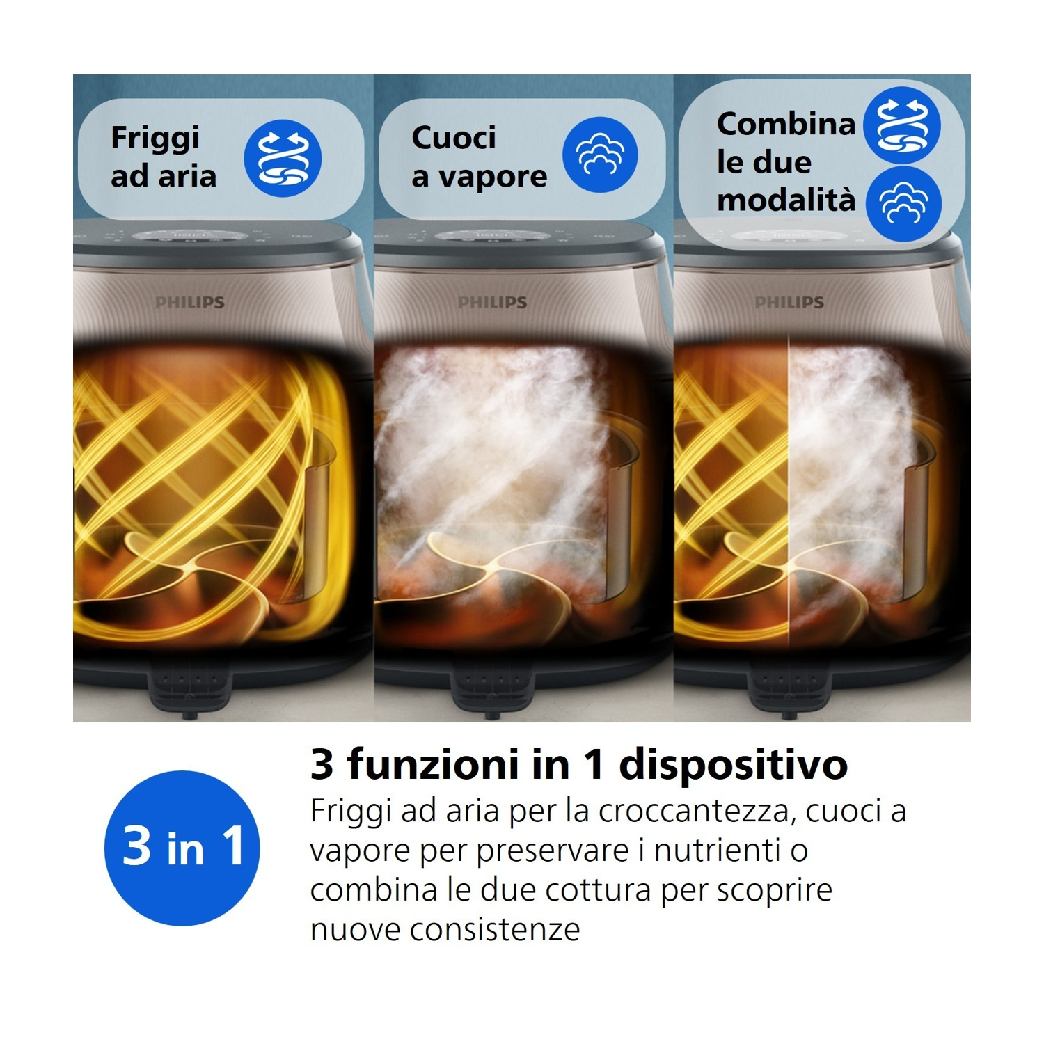 Philips Airfryer mostra 3 funzioni: friggi ad aria, vapore e combinato.