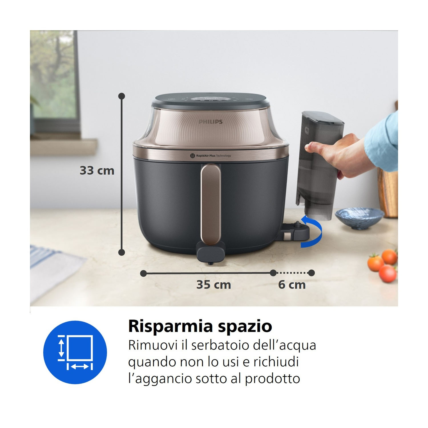 Un Philips Airfryer con dimensioni 35x33x6cm. Un serbatoio dell'acqua viene rimosso.