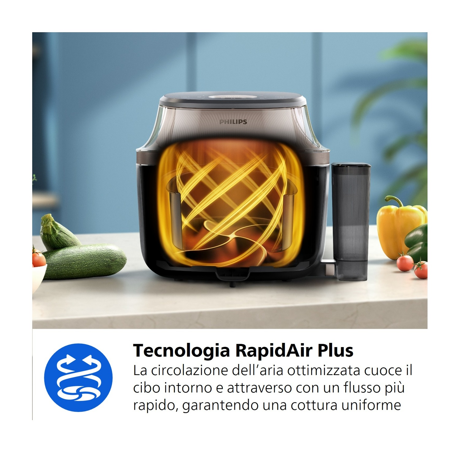 Una friggitrice ad aria Philips con aria calda vorticosa e verdure.