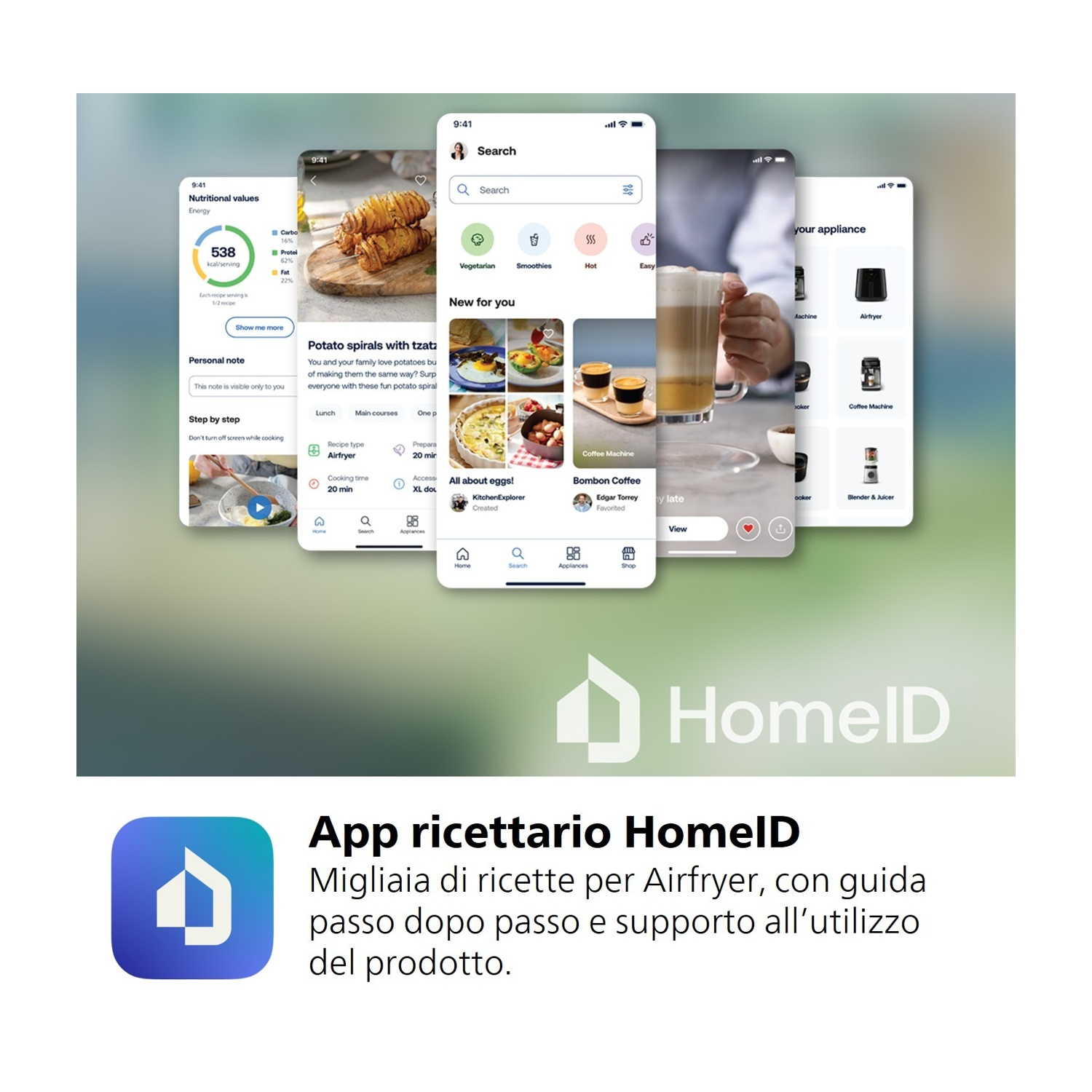 Schermate dell'app mostrano ricette, valori nutrizionali e elettrodomestici.