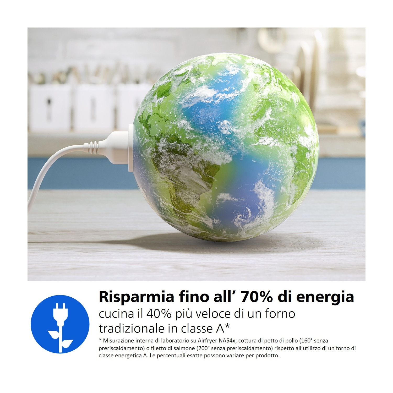 La Terra collegata a una presa, che simboleggia il risparmio energetico.