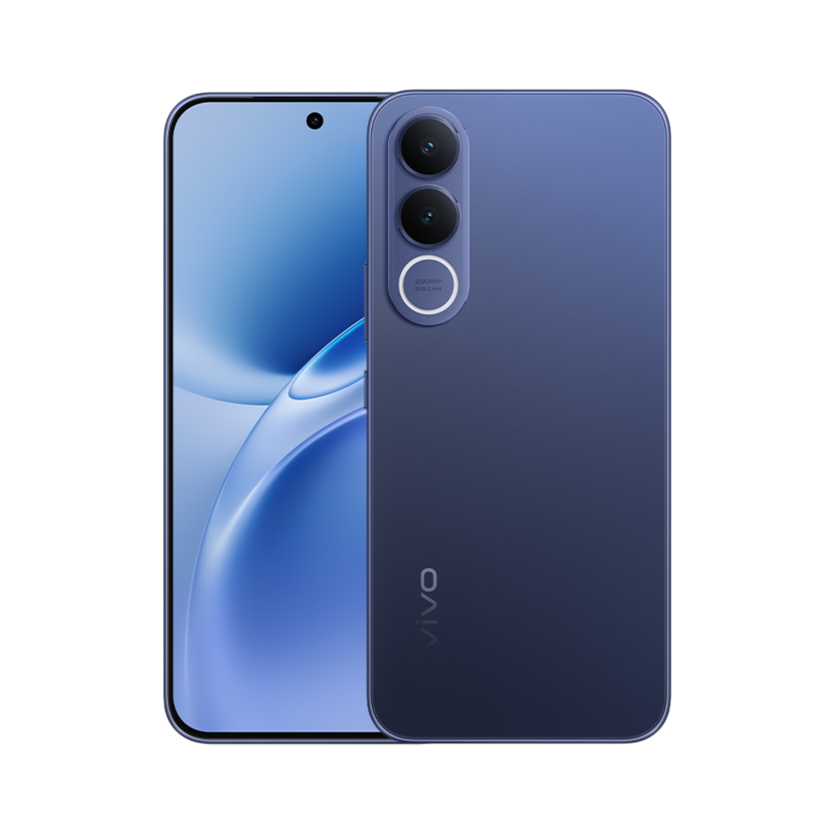 Mavi bir Vivo akıllı telefon gösteriliyor. Arkasında üçlü kamera kurulumu ve Vivo logosu var.